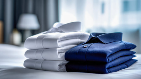Organized rows of pristine white and deep navy garments rest calmly on a bed, illuminated by gentle...