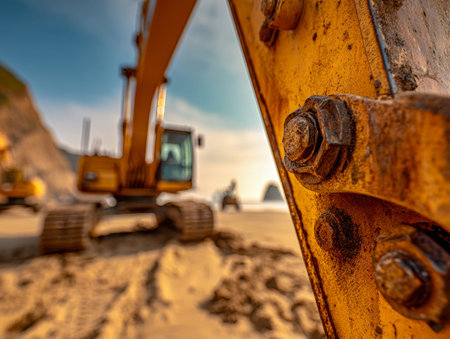 An intricate close-up reveals weathered, rusted fasteners on a robust yellow crane arm, with a soft...