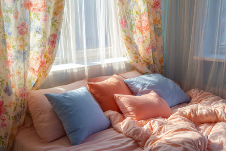 Gentle dawn light filters through vibrant floral drapes, illuminating a tranquil space with pastel...