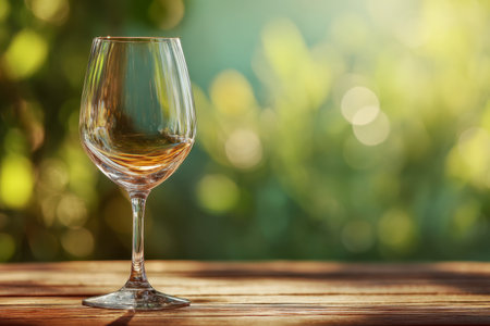 Bathed in dappled sunlight, a solitary glass rests on a rustic wooden surface amidst vibrant greenery, evoking a peaceful, outdoor retreat filled with warmth and serenityの写真素材