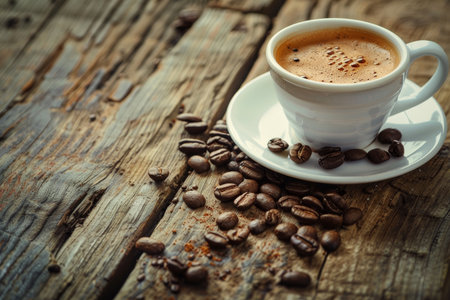 Vintage espresso coffee cup and beans on rustic table in warm lighting for cafe backgroundの写真素材