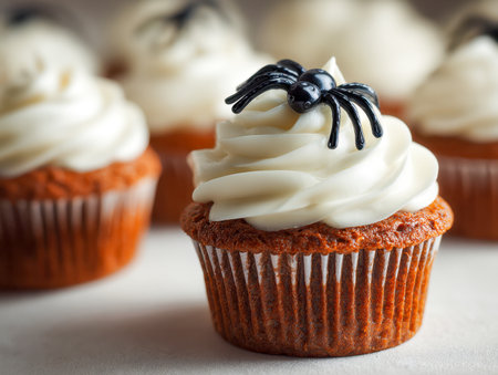Delight in these eerie yet sweet treats featuring luscious white icing adorned with lifelike black spider accents, perfect for creepy celebrations and spooky gatherings.の写真素材