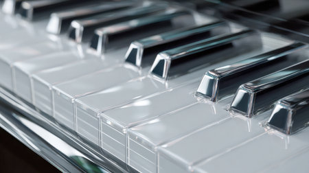 A detailed view of glossy, see-through piano keys shimmering with light, highlighting contemporary craftsmanship and the sophisticated craftsmanship of a modern instの写真素材