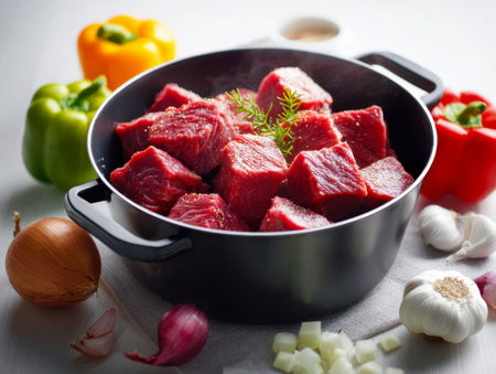 Juicy beef pieces seasoned with fragrant rosemary rest in a sleek black pot, encircled by colorful peppers, onions, and garlic, primed for a flavorful meal preparationの写真素材