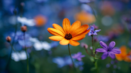 A striking orange bloom stands out crisply amidst delicate purple and white petals, set against a dreamy, colorful backdrop that evokes tranquility in a lush garden.の写真素材