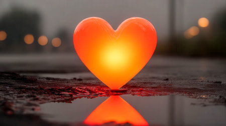 A luminous heart-shaped glow illuminates glossy streets, creating vivid reflections amid misty...