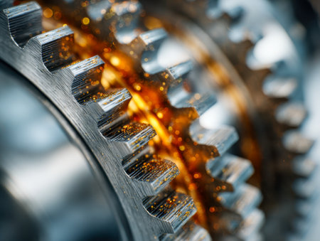 A macro shot capturing interconnected metallic cogs glazed with fine oil, emphasizing the complexity and precision of industrial mechanization under focused lightingの写真素材