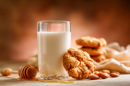 A inviting scene featuring a cool glass of creamy milk beside a heap of homemade oatmeal treats and a honey drizzler, complemented by raw almonds on a textured woodの写真素材