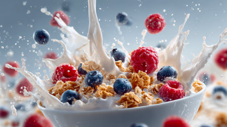 Whirling milk cascades into a bowl filled with crispy granola and ripe berries, creating lively movement against a gentle blue backdrop.の写真素材