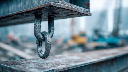 A rugged metal chain connection secures a steel support, set against a shifting backdrop of blurred building frameworks and heavy equipment in an active site.の写真素材