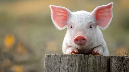 A tiny, curly-tailed piglet gently peers over an aged wooden barrier, set against a tranquil farm backdrop illuminated by warm sunlight and lush greenery.の写真素材