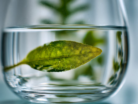 A vibrant green leaf floats in transparent water, revealing delicate network of veins beneath its surface, set against a gentle, out-of-focus natural backdrop evoking serの写真素材