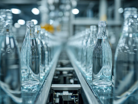 Clear glass containers glide along a high-tech line, poised for filling amidst sleek machinery and streamlined manufacturing in a contemporary facility.の写真素材