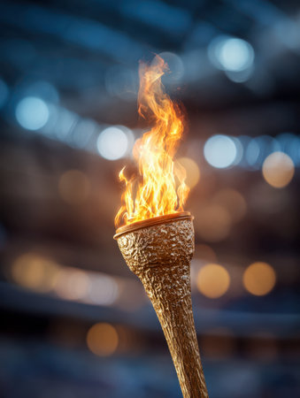 A luminous gold-hued torch with a textured surface ignites with lively flames, set against a dreamy stadium scene sprinkled with twinkling lights and soft bokeh.の写真素材