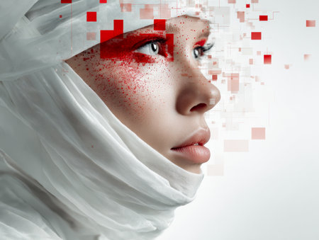 A woman's silhouette draped in flowing white textile, infused with glitch-inspired pixel motifs and bold crimson angular patterns, evoking a sleek, avant-garde vibe.の写真素材