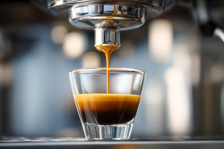 A sleek espresso machine releases a vivid stream of aromatic coffee, forming a velvety, golden layer atop the dark brew within a transparent glass.の写真素材