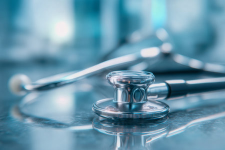 A sleek, polished medical instrument rests on a glossy surface, casting subtle reflections amid a soft blue blur that evokes trust, professionalism, and patient careの写真素材