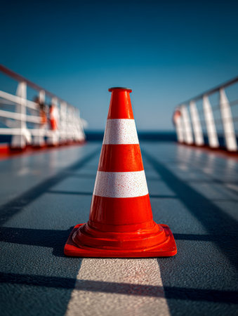 A bright orange safety cone stands alert along a painted pathway edged by crisp white railings, set against a crisp sky on an open-air promenade.の写真素材