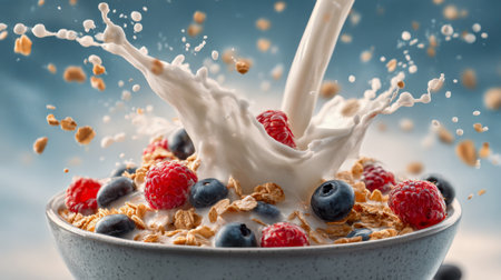 Juicy berries and crispy granola combine in a bowl, as velvety milk cascades in, evoking a fresh and nourishing start to the day.の写真素材