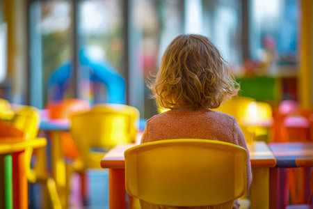 A solitary young learner rests quietly in a vibrant classroom bathed in sunlight, surrounded by cheerful yellow furniture that sparks curiosity and warmth.の写真素材