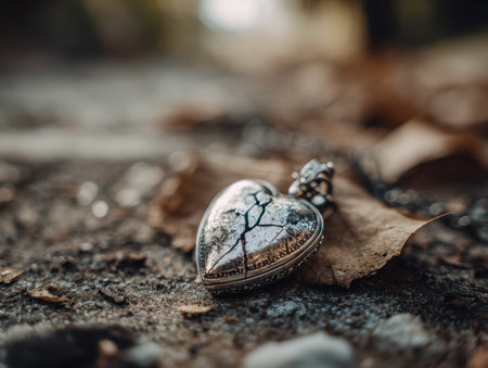 An aged, cracked heart-shaped pendant lies atop a brittle autumn leaf, capturing gentle daylight on rugged terrain, evoking nostalgia and quiet resilience.の写真素材
