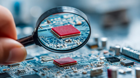 A technician carefully examines a compact electronic assembly, using a magnifier to scrutinize a...