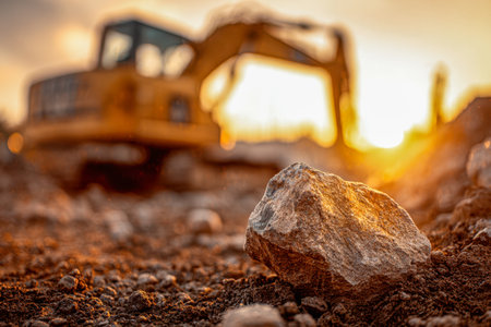 A massive boulder rests on earthy terrain as a heavy-duty excavator operates nearby, illuminated by a soft, amber sunset that bathes the construction zone in a warmの写真素材