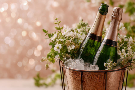 Elegant and festive, this scene features sparkling wine bottles crisp and cool in a copper vessel, accented by blossoms and a dreamy, blurred backdrop perfect for spの写真素材