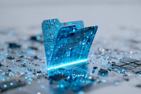 A sleek, luminous digital folder with intricate blue circuitry emits a soft glow, floating above a detailed circuit board?embodying advanced data preservation and viの写真素材