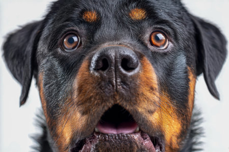 A wide-eyed, astonished dog with a shiny black and brown coat, conveying curiosity and excitement...