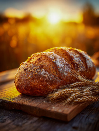 Warm sunset illuminates a handcrafted whole grain bread nestled on a rustic wooden surface, complemented by ripe wheat stalks, evoking harvest and artisanal craftsmaの写真素材