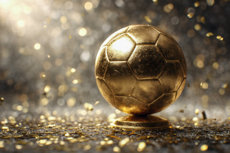 A radiant golden soccer ball sparkles with bright highlights and festive glitter, symbolizing triumph and success against a softly blurred backdrop.の写真素材