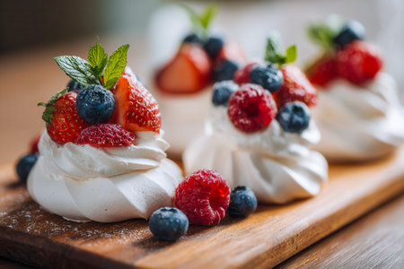 Delightful miniature meringue desserts garnished with ripe berries and fresh mint, artfully arranged on rustic wood under gentle, natural sunlight.の写真素材