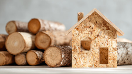 A handcrafted wooden miniature home rests amid a rustic backdrop of stacked logs, highlighting eco-friendly craftsmanship and harmonious rural living.の写真素材