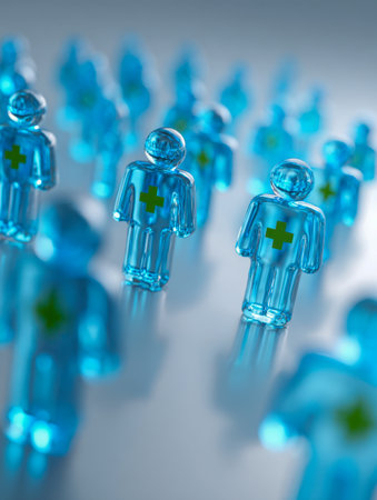 A series of luminous blue healthcare symbols aligned in orderly rows, set against a polished reflective surface that emphasizes unity and collaborative care.の写真素材