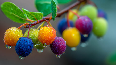 Juicy, rainbow-hued berries glisten with dew, draping a lush green branch amid a softly blurred...