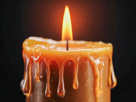 A soft glow from a solitary flame dances atop a rugged pillar candle, casting shadows in a quiet, intimate space filled with warmth and serenity.の写真素材