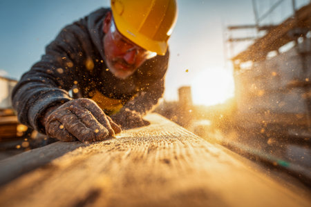 A dedicated craftsman in safety gear meticulously refinishes a timber surface, capturing the warm glow of late afternoon sunlight outdoors.の写真素材