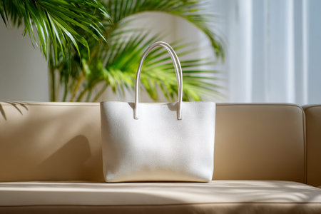 A sleek white tote rests gracefully on a plush beige sofa, illuminated by warm sunlight, complemented by a lush green plant in a modern, inviting decor.の写真素材