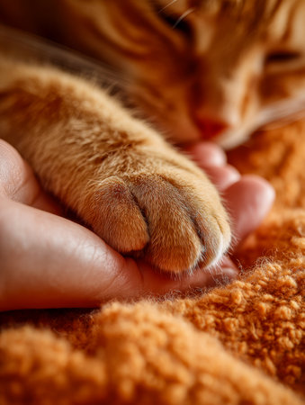 A tranquil scene capturing a person's hand tenderly cradling a fluffy orange feline sprawled comfortably on a plush, patterned blanket beneath gentle sunlight.の写真素材