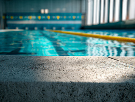 A serene indoor pool features pristine azure water, gentle sunlight shimmering on the textured edge, accentuated by a vibrant yellow marker strip beneath expansive wの写真素材