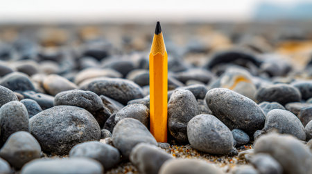 A vibrant yellow pencil poised upright amidst polished stones and soft sand, evoking inspiration and concentration within a serene, earthy backdrop.の写真素材