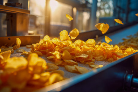 Crisp, golden snack pieces cascade unpredictably across a gleaming conveyor system, illuminated by vibrant factory lighting amid the bustling manufacturing setting.の写真素材
