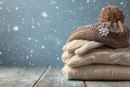 Chunky knitwear and a snug hat rest on a rustic wooden surface, with delicate snowflakes descending...