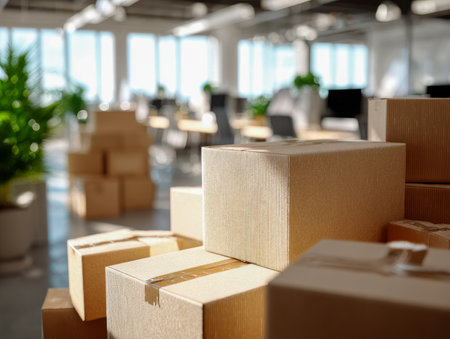 A vibrant workspace featuring neatly arranged shipping containers bathed in sunlight, accented by lush greenery, highlighting efficient logistics in a contemporary eの写真素材