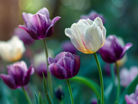 Elegant white and violet tulips unfurl amidst vibrant greenery, bathed in gentle spring sunlight, creating a serene and colorful garden scene.の写真素材