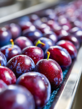 Vibrant purple plums with glossy surfaces are methodically lined up on a machine in a processing plant, highlighting freshness and careful handling for market-readyの写真素材