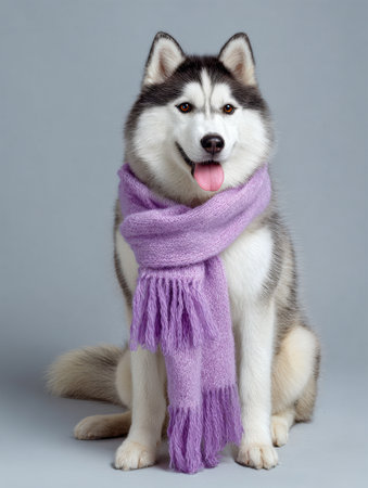A joyful black and white husky sports a snug lavender scarf, sitting attentively with a bright, happy smile and tongue playfully out, set against a gentle gray background.の写真素材