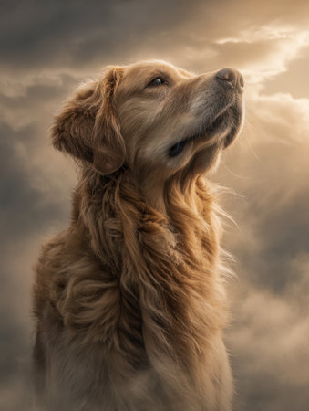 A soulful golden retriever gazes upward, illuminated by golden rays piercing a moody, cloud-filled sky, evoking hope and wonder in a natural setting.の写真素材