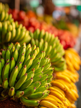 Bright, lively bananas in green and yellow hues are artistically arranged at an open-air stall, bathed in gentle sunlight with a colorful fruit-filled backdrop in soの写真素材